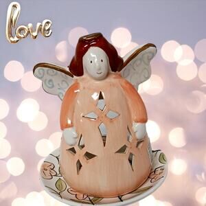 Vintage🪽Angel Tea Light Candle Holder 🕯️ Pink Coral Farmhouse Boho